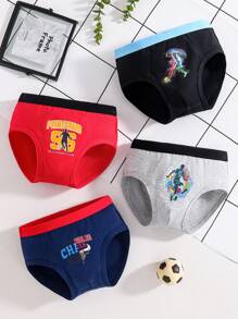 4pcs/Pack Teenage Boys Minimalist Fashion Soccer Graphic Cotton Soft Breathable Briefs - Multicolor - View 1
