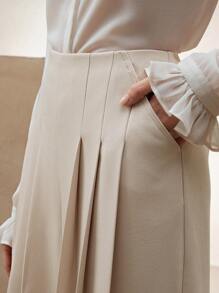 Anewsta Elegant & Fashionable Solid Color Slimming Double Pleat Wide Leg Pants, Women Office - Khaki - View 5