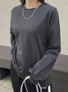 FRIFUL Women's Loose Gray T-Shirt With Rhinestone Heart Print, Spring,Graphic Tees Long Sleeve Women Tops