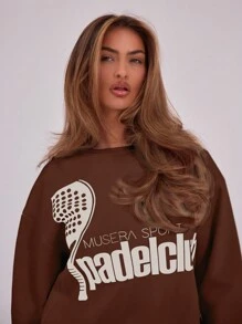 Musera Sport Padel Club Print Crew Neck Sweatshirt Only, Padel, Tennis, Racquetball, Pickleball Gym Fitness - Chocolate Brown - View 5