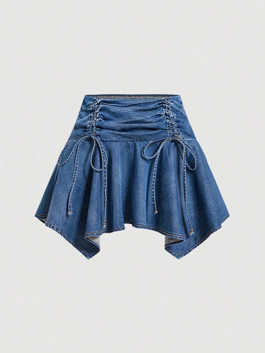 SHEIN MOD Women's Denim Mini Skirt, Casual Fitted Pleated, Blue - Medium Wash - View 1