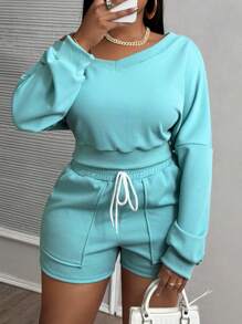 Slaydiva Conjunto informal de 2 piezas con pantalón corto con bolsillos azules y blusa escote en V talla grande - Azul - Ver 4