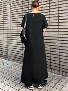 FRIFUL Women's Black Midi Dress, Round Neck Short Sleeve, Business Casual Summer Outfit