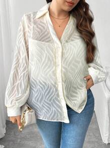 Flirla Plus Size Casual Solid Color Cut-Out Lantern Sleeve Blouse, Autumn Women Shirt - Apricot - View 6