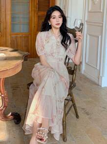 DAZY Women's Elegant Flower All-Over Embroidered Puff Sleeve Dress Sundress - Beige - View 3