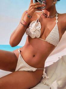 SHEIN Swim 女士 3D 花朵针织露背罩衫套装，适合度假和海滩，适合夏季 - 卡其色 - 查看 4