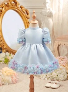 SHEIN Summer Elegant Cute Blue Satin Baby Girl Dress, Flower Girl Dress - Blue - View 5