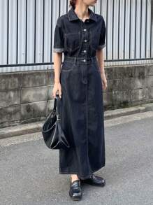 FRIFUL 女式短袖纽扣休闲牛仔衬衫裙太阳裙，返校服 - 藍色 - 查看 7