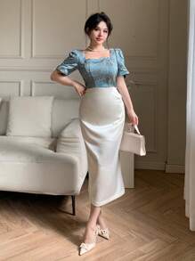 DAZY Vestido de mujer hasta la pantorrilla con escote cuadrado y mangas abullonadas en bloques de color, vestido de graduación - Azul - Ver 3