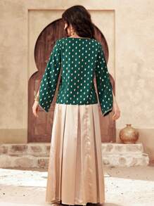 SHEIN Teen Girls' Green Square Neck Flare Sleeve Crop Top & Gold High Waist Maxi Skirt Set - Multicolor - View 2