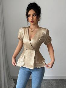 Chiquease 时尚优雅纯色荷叶边下摆短袖女式衬衫