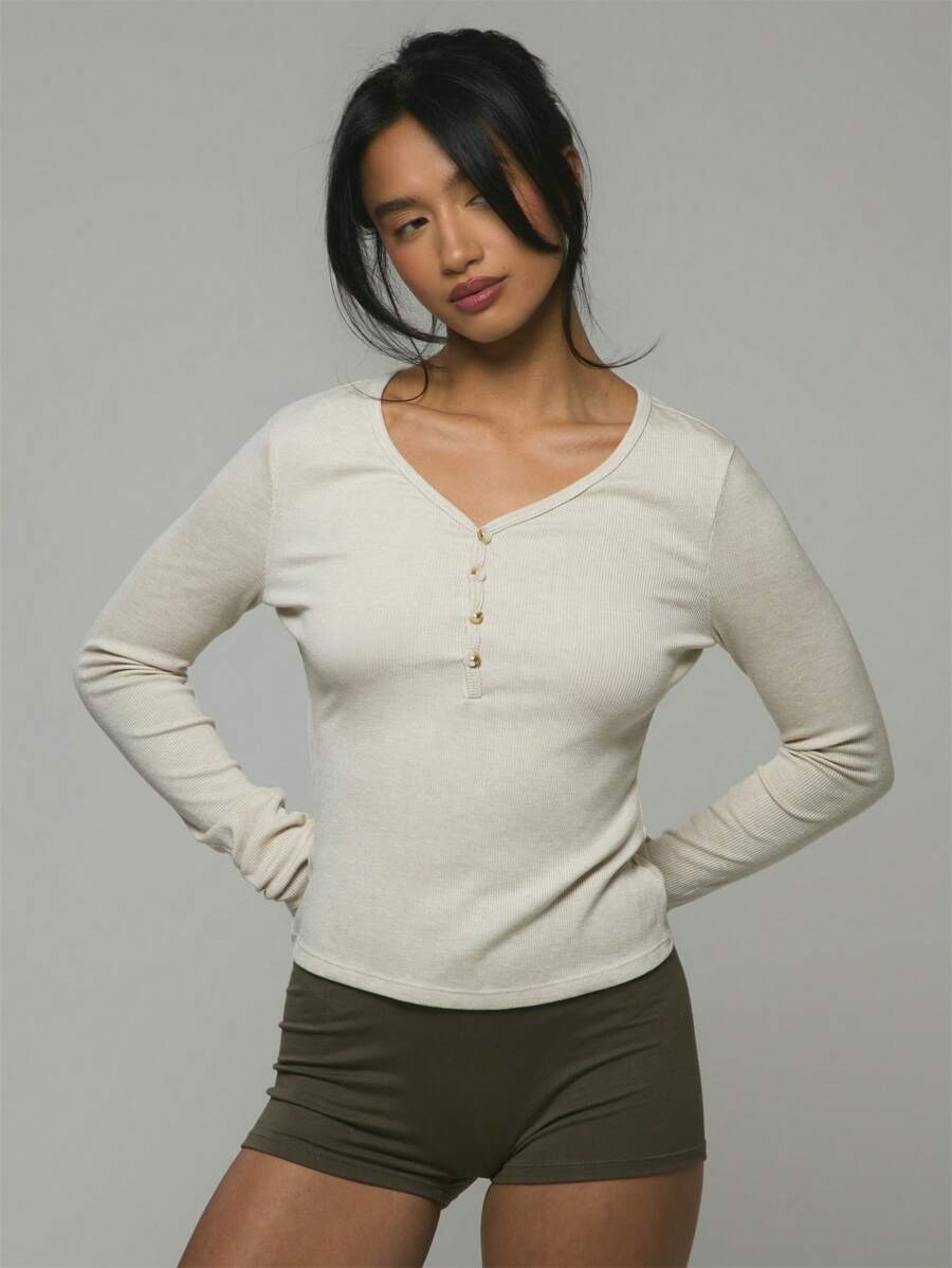 Musera Sport Button Front V-Neck Long Sleeve Top , Padel, Tennis, Pickleball Gym Fitness - Apricot - View 1