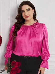 SHEIN Clasi 大码纯色 3D 花卉装饰长袖基本款上衣，日常休闲穿着