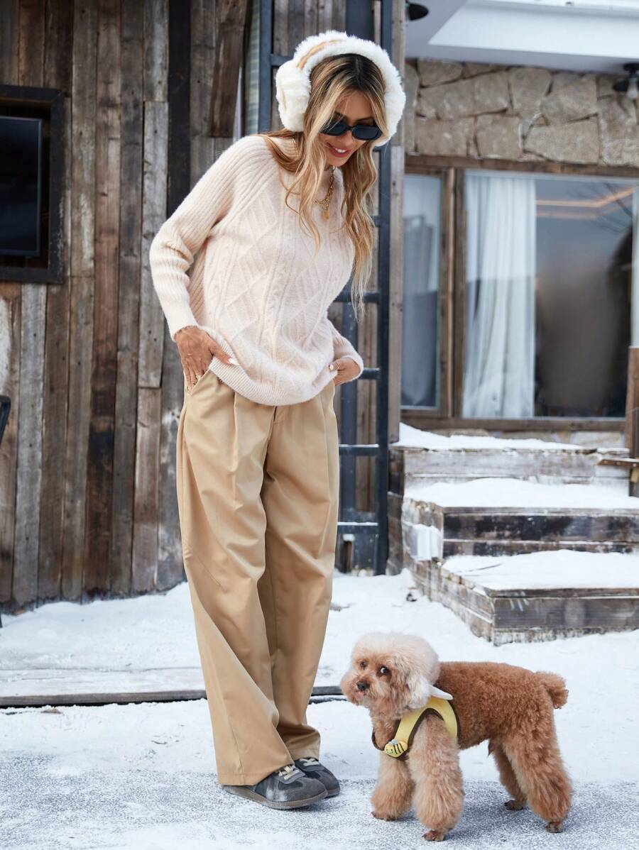 GENKIRA Pull ample à col montant en tricot côtelé polyvalent pour femmes, pull en tricot pour l'automne et l'hiver - Nude - Voir 1