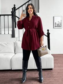 SHEIN Essnce 大码女式秋春休闲宽松长袖红色长衬衫、V 领衬衫、衬衫、纽扣衬衫、套装、女式工作衬衫、教师服装、返校、办公室服装、春季上衣