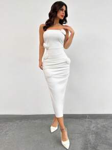 Firerie Women's Elegant Romantic Delicate Charming Fashionable INS-Style Valentine's Day Party White Ruched Bodycon Midi Dress