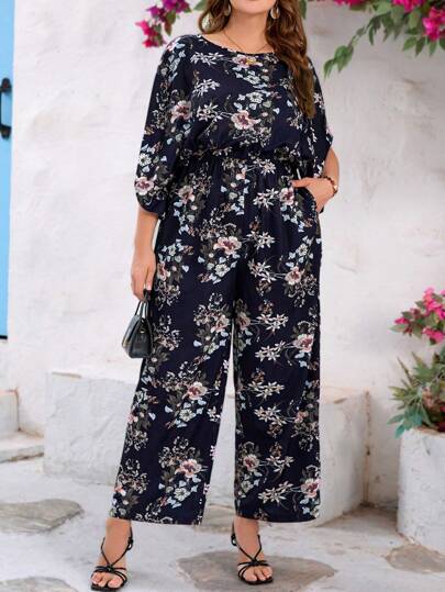SHEIN Clasi 1 件大码女式优雅海军蓝花卉印花连体裤，带口袋，适合日常穿着，春夏季