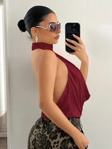 SHEIN ICON Women's Sexy Cut-Out Halter Solid Backless Sleeveless Tank Top For Going Out - Burgundy - View 4