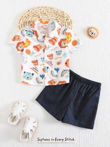Cozy Pixies 2pcs Baby Boy Cartoon Animal Print Polo Collar Short Sleeve Cardigan & Elastic Waist Shorts Set - Multicolor - View 3