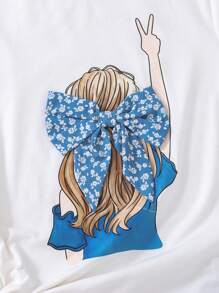 SHEIN Set de 2 piezas para adolescentes: Camiseta gráfica blanca de punto con acento de estampado floral diminuto y lazo, y falda larga con estampado floral diminuto, apropiada para vacaciones, ocio, fiestas, almuerzos, festivales de música.