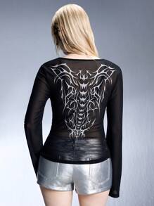ROMWE Grunge Punk Y2K Sexy Metallic Skeleton Wing Print Women Fitted Waist Sheer Mesh Base Layer T-Shirt - Black - View 2