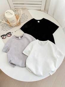 SHEIN Set di 3 pezzi di abbigliamento estivo per bambini, maglietta manica corta in felpa morbida con girocollo e stile coreano casual, colore tinta unita, multifunzione ad alto rapporto qualità-prezzo, adatto per giochi all'aperto, fotografia di strada, feste - Multicolore - Visualizzare 3
