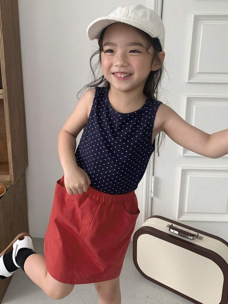 2pcs/Set Young Girl Heart Print Vest Top & Mini Skirt