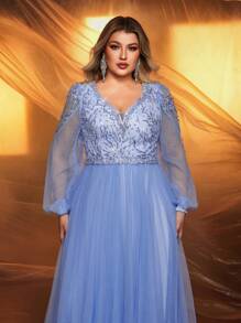 Glamrae Plus Size Elegant Romantic Light Blue Luxury Rhinestone Pearl Embroidery Decoration Mesh See-Through Long Sleeve Large A-Line Formal Dress, Suitable For Parties, Celebrations And Get-Togethers