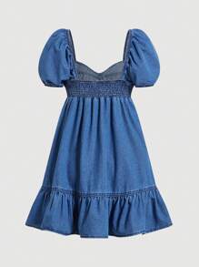SHEIN MOD 女式泡泡袖牛仔裹身裙，迷你版型，蓝色，女式连衣裙，女式夏季服装，女式商务休闲装，女式优雅连衣裙，女式复活节连衣裙，女式牛仔装，女式音乐会服装，狂欢节服装，圣帕特里克节服装，老钱风格女式，狂欢服装，伊比沙岛服装 - 中等水洗藍 - 查看 2