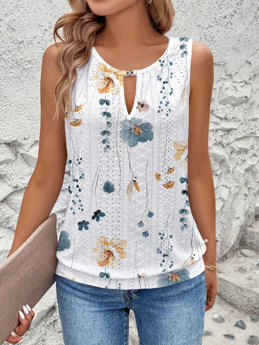 Breezaya Women's Spring/Summer Holiday Casual Embroidered Jacquard Jacquard Keyhole Neck Sleeveless Tank Top - White - View 1