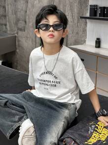 Dazy Kids 青少年男孩标语印花宽松落肩 T 恤，返校服 - 灰色 - 查看 6