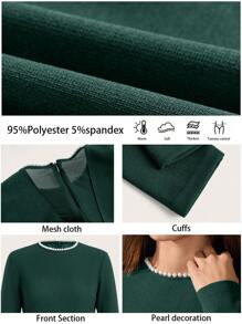 BizChic 2025 Summer New Arrival Emerald Green Round Neck Pearl Decor Long Sleeve Ladies Dress, Elegant Business Casual Everyday Wear, Suitable For Wedding Guest, Beach Vacation, 90s Retro Stockholm Style, 4th Of July