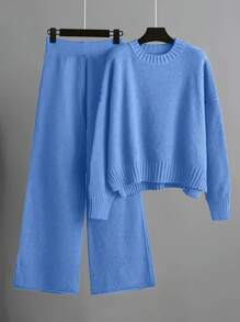 Chiquease 2 Pieces Sweater Set, Solid Color Long Sleeve Round Neck Top And Pants - Blue - View 1