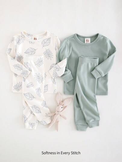 Cozy Pixies 4 件套男婴贴身睡衣套装：纯色柔软针织圆领长袖上衣和松紧腰裤，花卉印花圆领长袖上衣和松紧腰裤