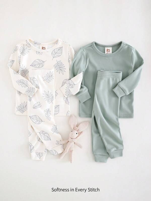 Cozy Pixies 4pcs Baby Boy Snug Fit Pajama Set: Solid Color Soft Knit Round Neck Long Sleeve Top & Elastic Waist Pants, Floral Print Round Neck Long Sleeve Top & Elastic Waist Pants