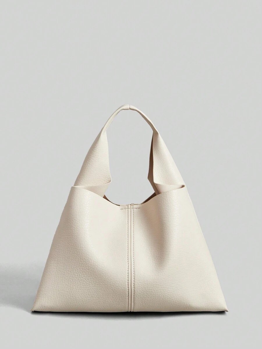 Ontre 女士纯色大容量简约手提包，日常休闲收纳袋 - 米色 - 查看 1