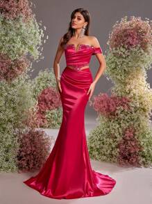 Glamrae Váy dài đuôi cá bằng vải satin nhún bèo trễ vai đính đá màu hồng cánh sen sang trọng và thanh lịch, váy dự tiệc cưới, phù hợp cho đám cưới, tiệc tùng, kỳ nghỉ, dạ hội, sự kiện trang trọng, váy dự tiệc, váy dạ hội - Màu Hồng Tươi - Xem 7