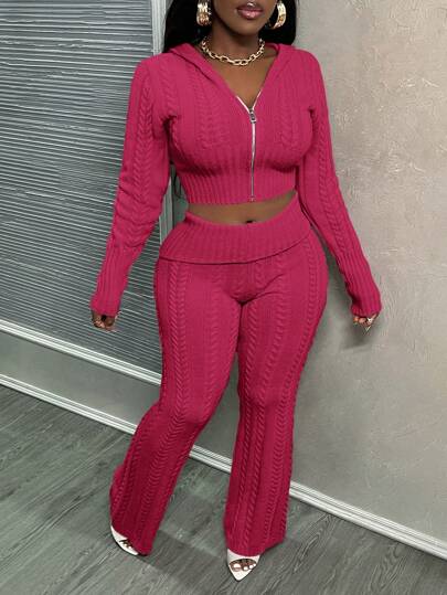 Slaydiva Casual Pink Open Front Hoodie Sweater And Low Waist Tight Flared Knitted Pants Set - Z