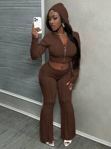 Slaydiva 2pcs/Set Casual Pink Hooded Cardigan And Low Waist Flared Knitted Pants Set - Brown - View 6