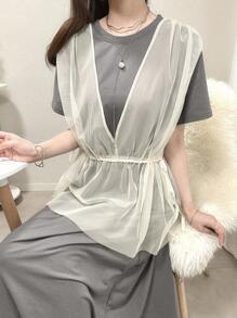 FRIFUL Women's Long Mesh Patchwork Dress Sundress - Grey - View 1