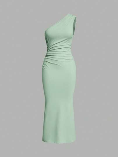 SHEIN EZwear Vestido de fiesta largo hasta el suelo, sin mangas, con drapeado asimétrico y cola de pez, de unicolor para mujer