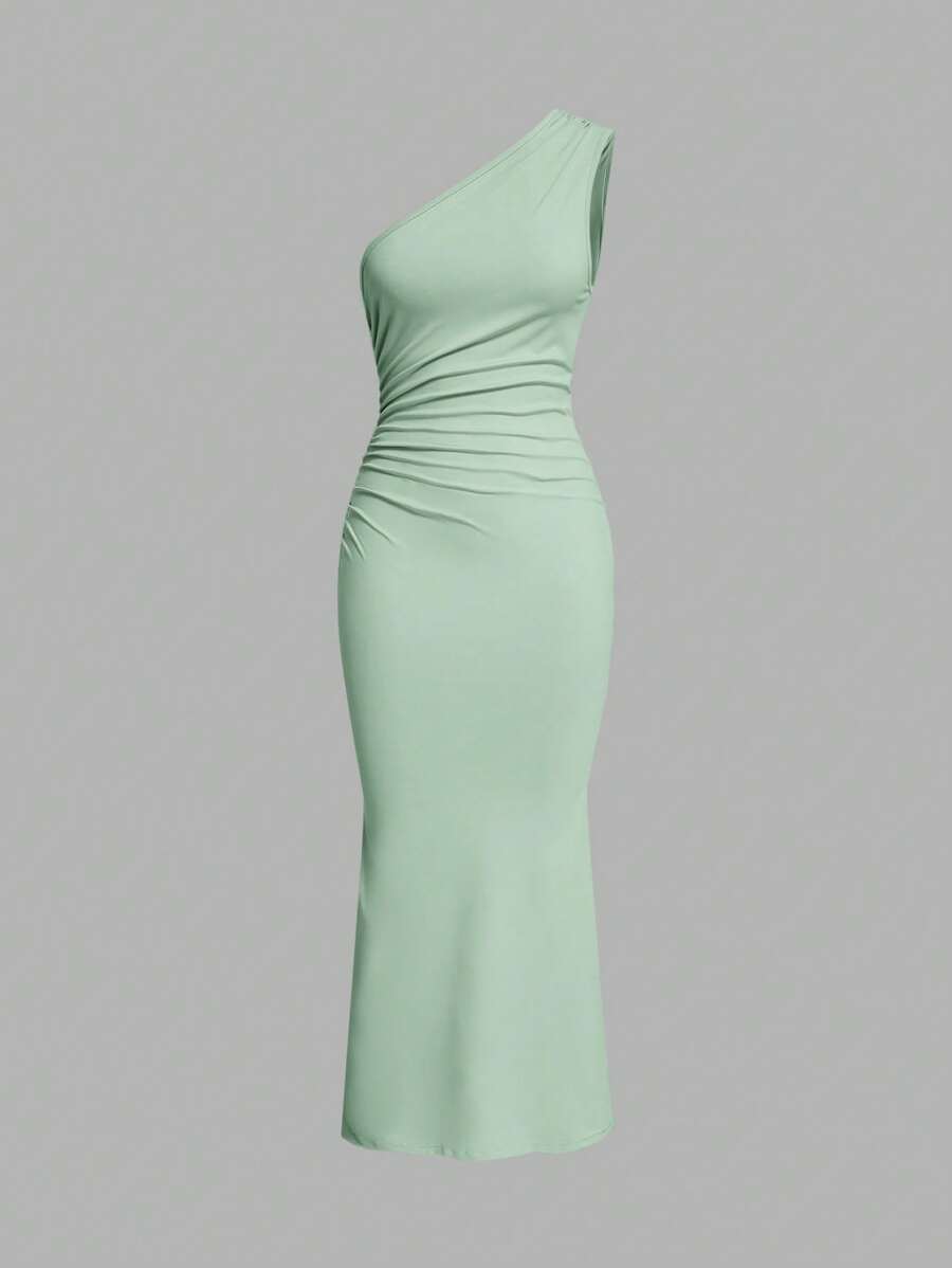 SHEIN EZwear 女式纯色无袖不对称褶饰及地鱼尾连衣裙 - 薄荷綠 - 查看 1