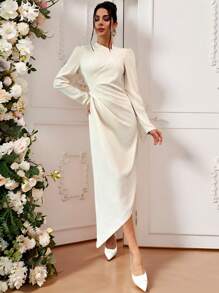 SHEIN Privé 杏色腰部扭纹不对称领长袖优雅长裙，适合日常穿着和通勤，情人节 - 杏色 - 查看 3