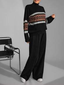 SHEIN Cottnline Women's Geometric Pattern High Neck Sweater 2pcs/Set - Multicolor - View 3