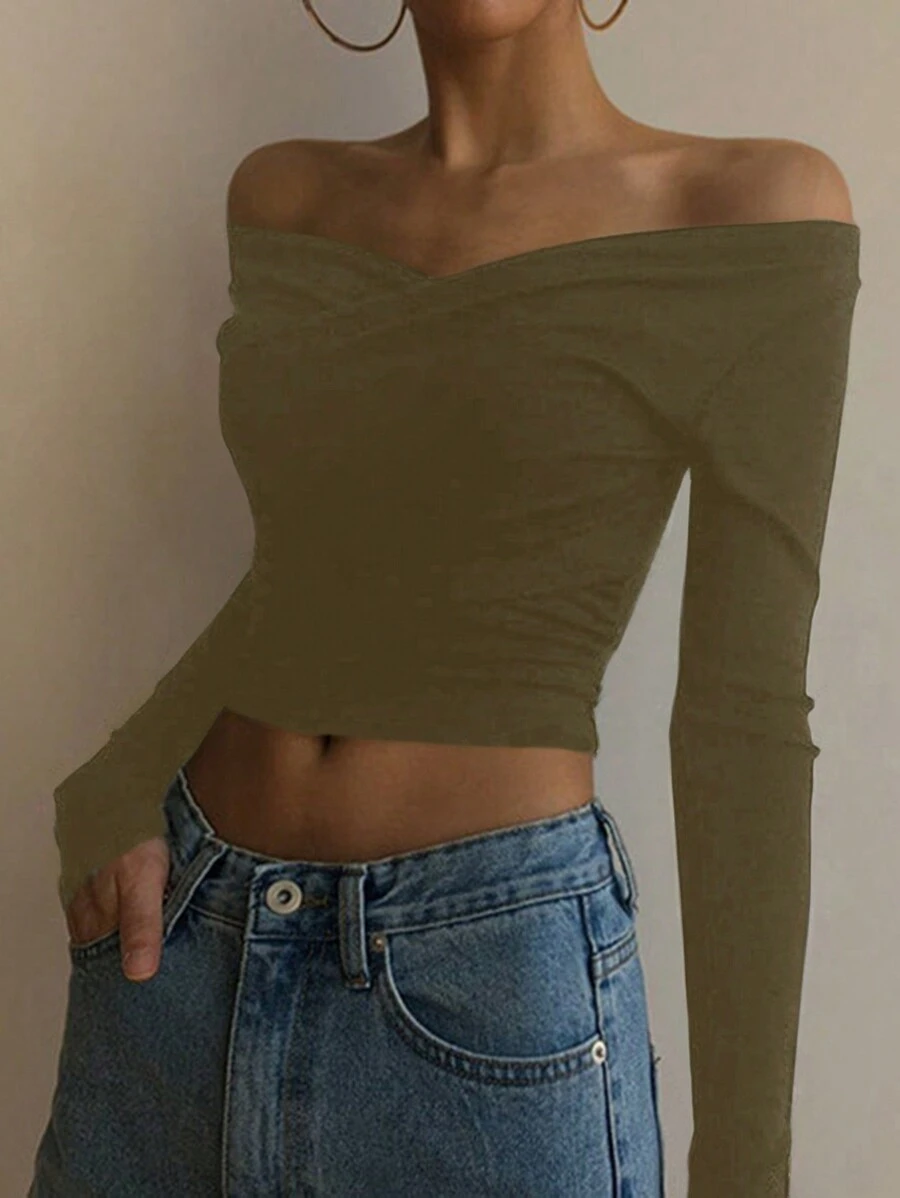 DAZY 女士纯色简约时尚休闲日常T恤长袖女上衣，秋季女装短款女上衣 - 軍綠色 - 查看 1