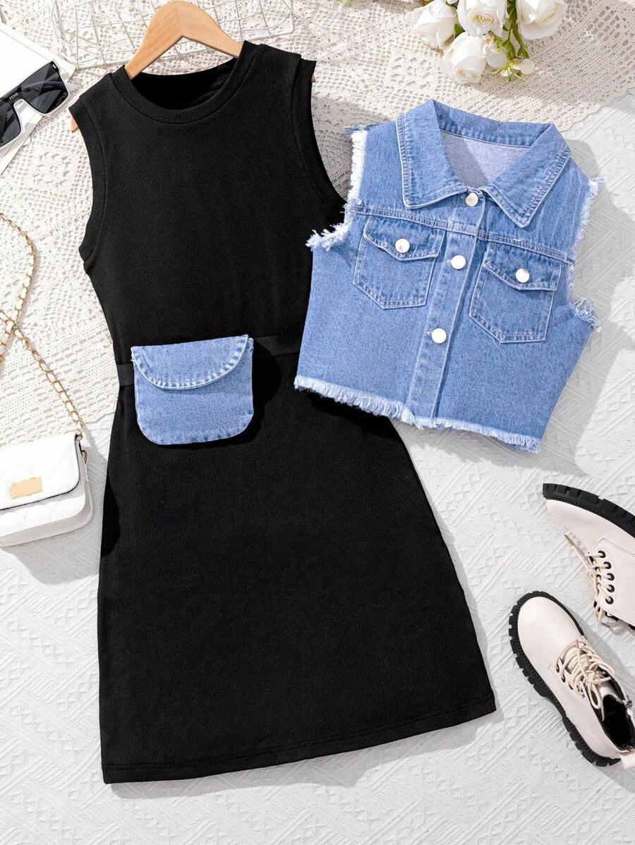 Teen Girl Distressed Denim Sleeveless Top + Black Dress 2 Pieces Set