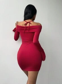 SHEIN Essnce 女士纯色露背系带长袖修身红色迷你连衣裙 - 酒紅色 - 查看 2