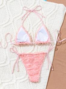 Swim EVENT Women's Floral Decor Solid Color Halter Neck Triangle Pink Spaghetti Strap Bikini Set For Summer Beach Vacation - Pink - View 7