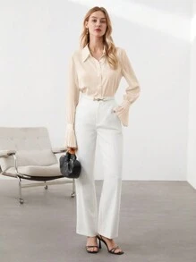 BizChic Top con mangas largas y abullonadas, cuello beige y abertura frontal, nuevo para verano 2025. Elegante camisa con detalles fruncidos apta para uso en el trabajo, casual, diario, playa, boda, concierto de verano, brunch y aeropuerto