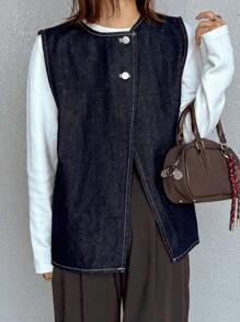 FRIFUL Chaqueta de mezclilla sin mangas de lavado oscuro para mujer, primavera/verano - Azul lavado oscuro - Ver 5